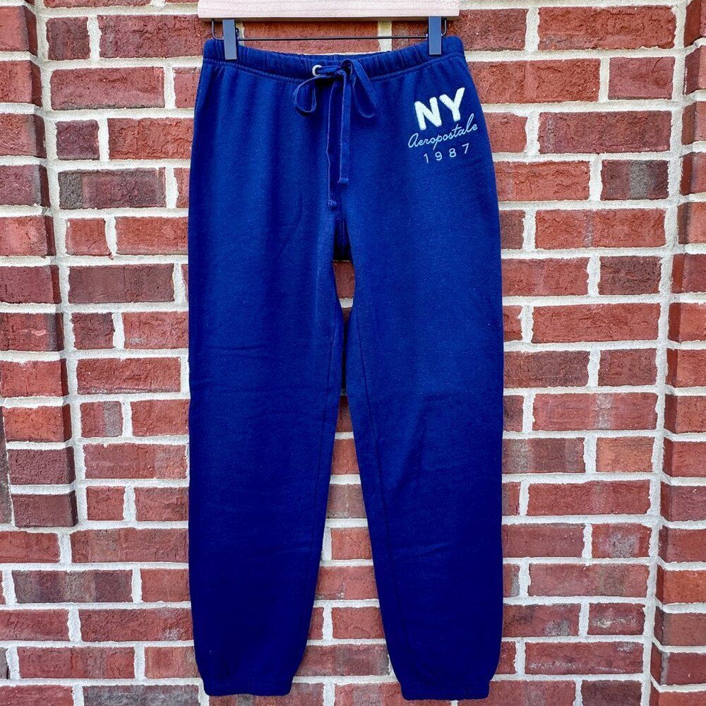 Aeropostale NY Cinch Sweatpants Medium Navy Fleece Athleisure Collegiate Lounge